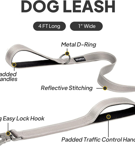 4FT Heavy Duty Dog Leash with Soft Padded Double Handle, Durable Strong Clasp Dog Leashes, Reflective Nylon Walking Lead for Large,Medium,Small Breed Dogs, Grey