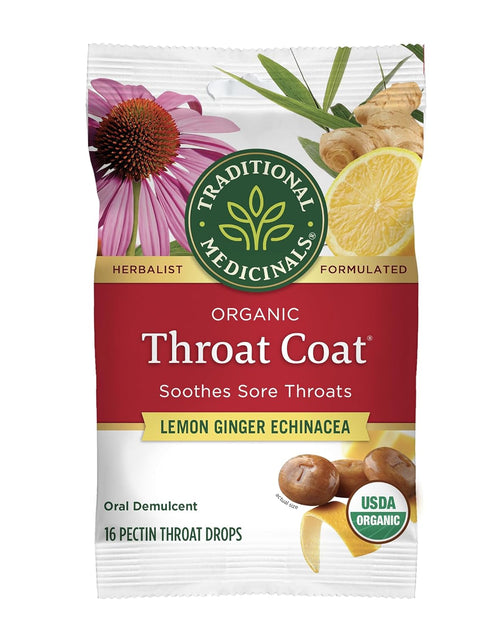 Load image into Gallery viewer, Throat Coat Organic Pectin Throat Drops, Lemon Ginger Echinacea, Soothes Sore Throats, 16Ct.
