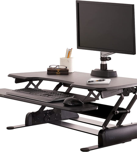 - desk Essential 36 - Two-Tier Standing Desk Converter for Monitor & Accessories - Height Adjustable Sit Stand Desk - Fully Assembled Monitor Riser for Home Office - 36" Wide, Black